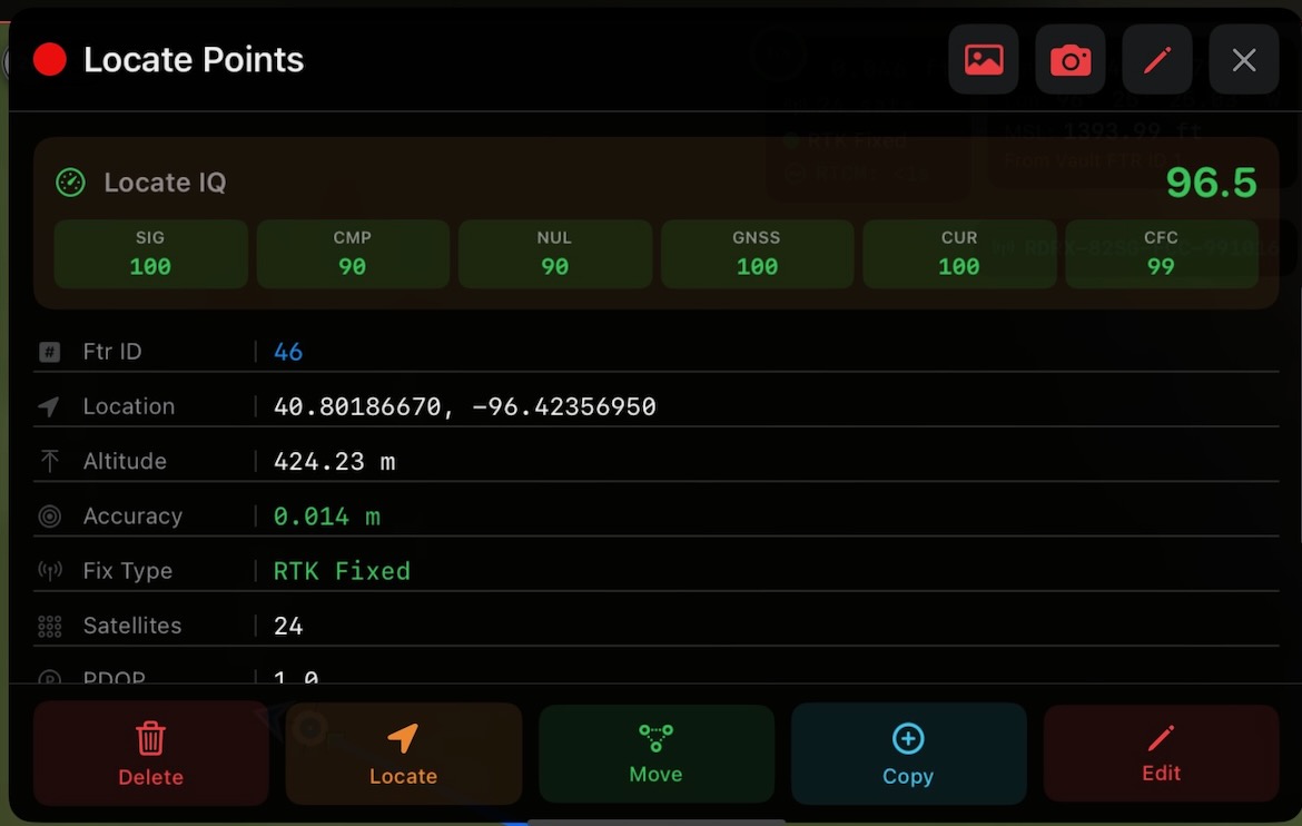 Utility LocateIQ Locate Points detail showing Locate IQ 96.5 with SIG 100, CMP 90, NUL 90, GNSS 100, CUR 100, CFC 99 sub-scores, Ftr ID 46, RTK Fixed, 0.014 m accuracy, 24 satellites